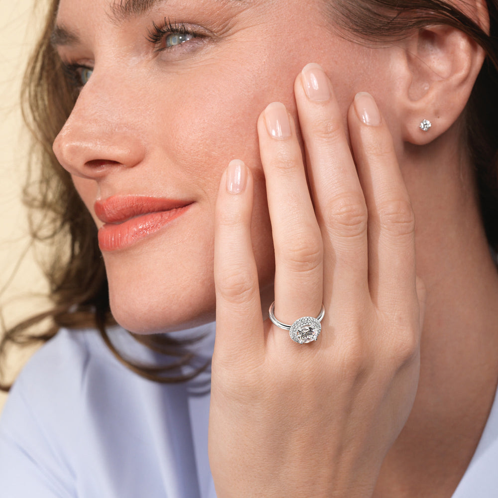 Model Wearing Saturn Double Halo Engagement Ring view