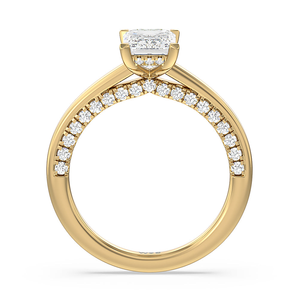 Emerald Cut Aura Studded Crescent Shank Hidden Halo Solitaire Ring with Lab Grown Diamond in 14KT Yellow Gold view 2
