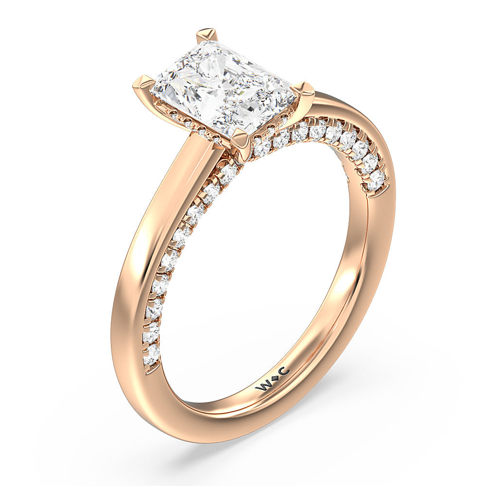 Radiant Cut Aura Studded Crescent Shank Hidden Halo Solitaire Ring with Lab Grown Diamond in 14KT Rose Gold view 3
