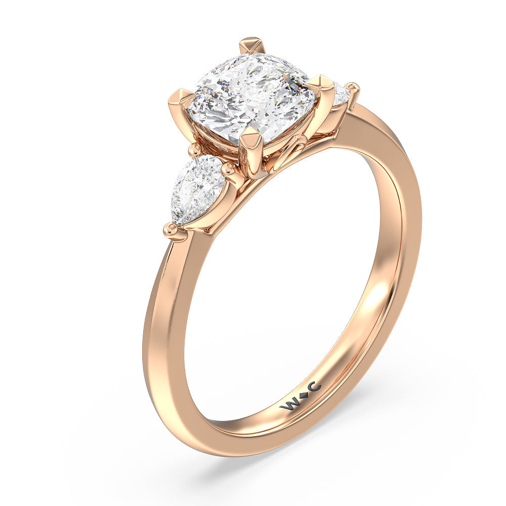 Elegant Three Stone Knife Edge Engagement Ring with Cushion Cut Diamond in 14KT Rose Gold view 3
