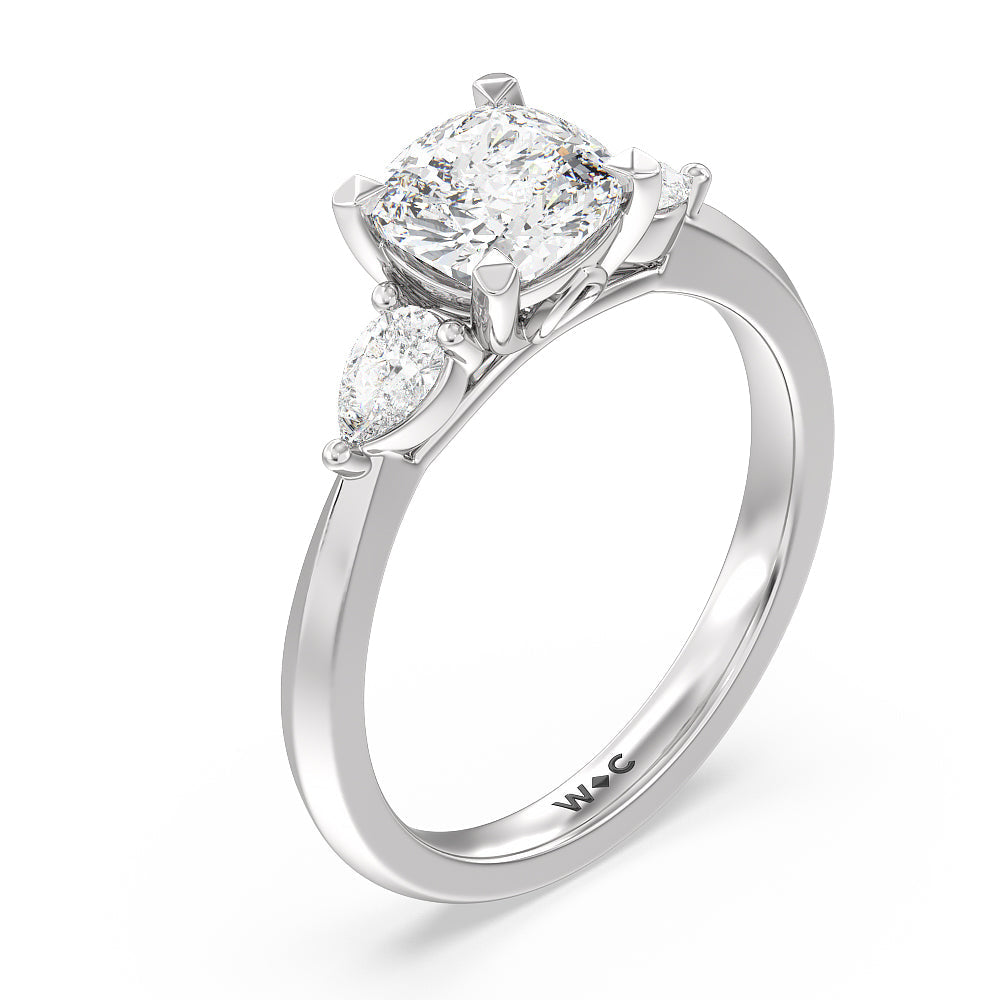 Elegant Three Stone Knife Edge Engagement Ring with Cushion Cut Diamond in 14KT Platinum view 3
