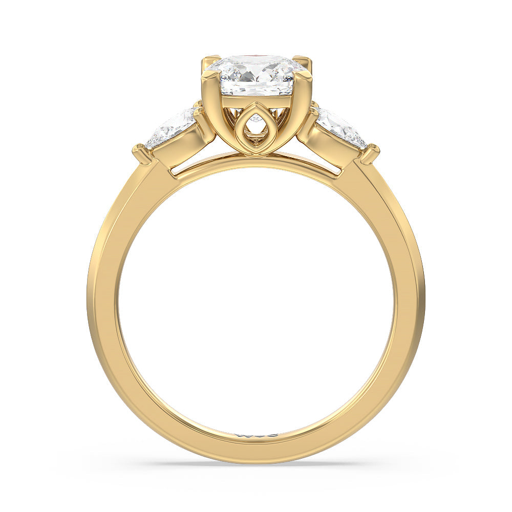 Elegant Three Stone Knife Edge Engagement Ring with Cushion Cut Diamond in 14KT Yellow Gold view 2
