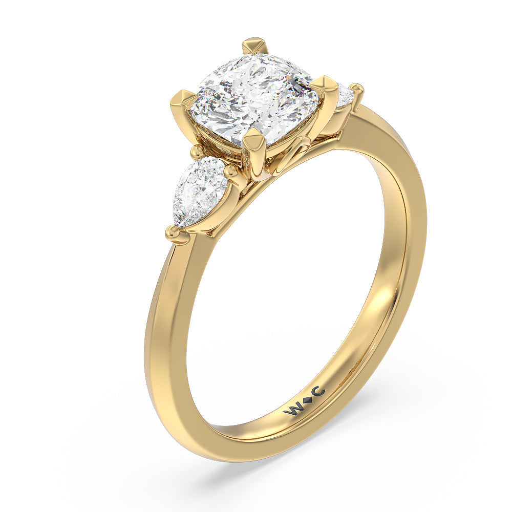 Elegant Three Stone Knife Edge Engagement Ring with Cushion Cut Diamond in 14KT Yellow Gold view 3
