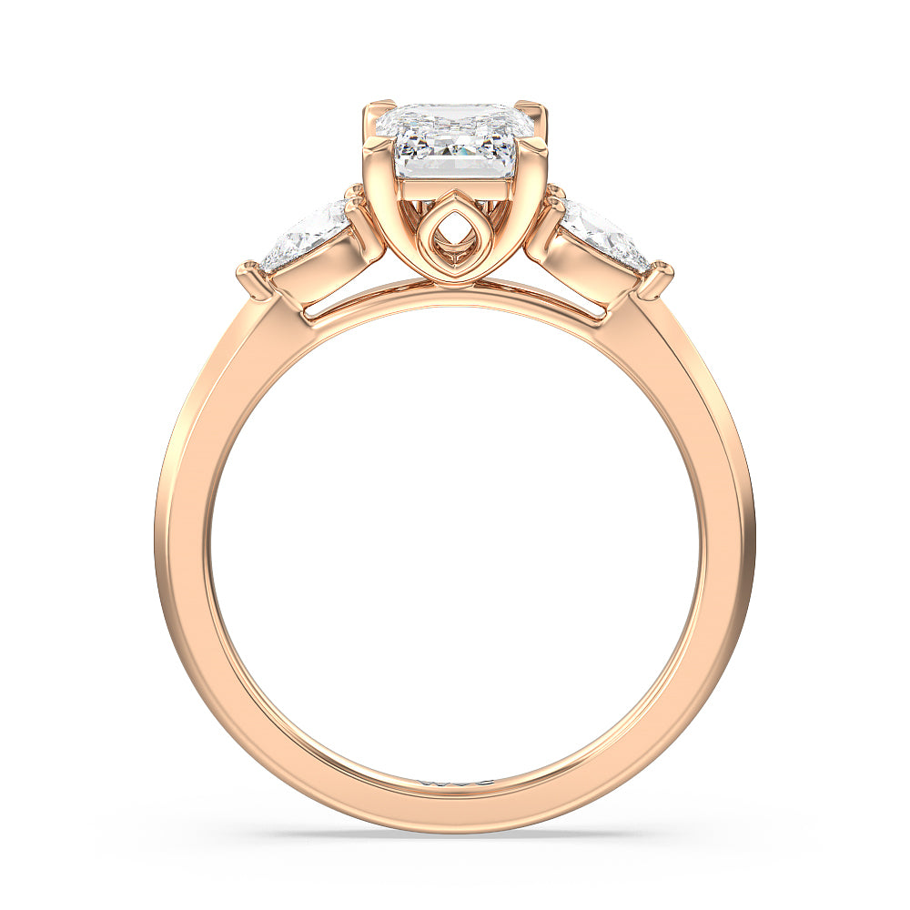 Elegant Three Stone Knife Edge Engagement Ring with Emerald Cut Diamond in 14KT Rose Gold view 2
