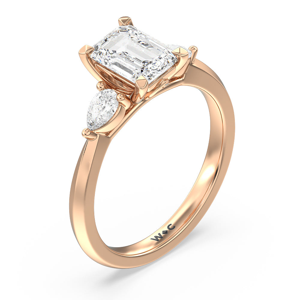 Elegant Three Stone Knife Edge Engagement Ring with Emerald Cut Diamond in 14KT Rose Gold view 3
