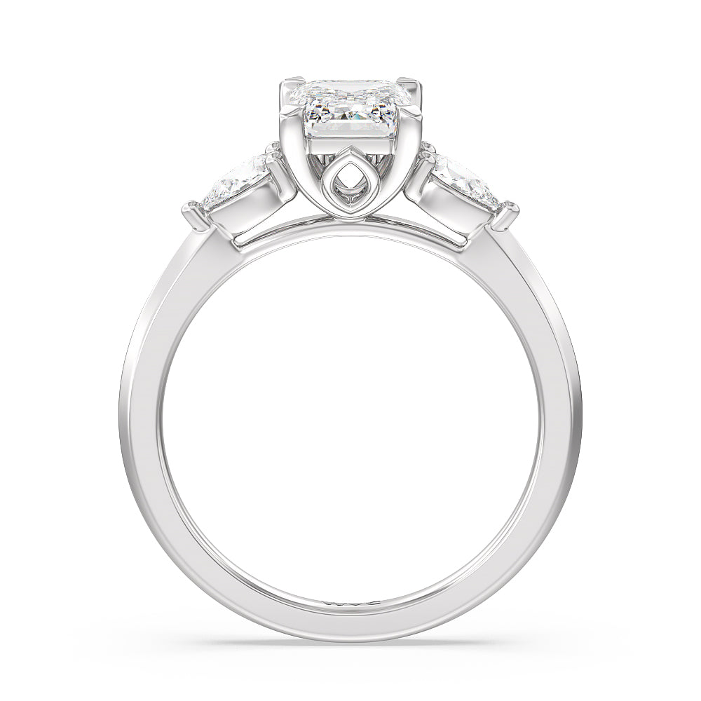 Elegant Three Stone Knife Edge Engagement Ring with Emerald Cut Diamond in 14KT Platinum view 2
