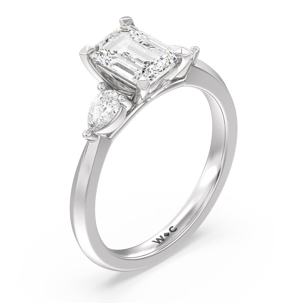 Elegant Three Stone Knife Edge Engagement Ring with Emerald Cut Diamond in 14KT Platinum view 3
