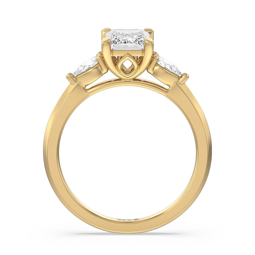 Elegant Three Stone Knife Edge Engagement Ring with Emerald Cut Diamond in 14KT Yellow Gold view 2
