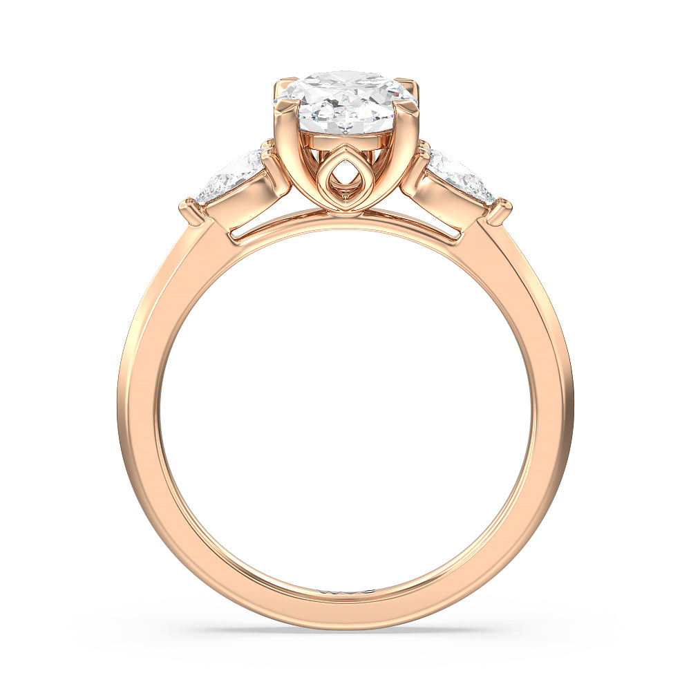 Elegant Three Stone Knife Edge Engagement Ring with Oval Cut Diamond in 14KT Rose Gold view 2
