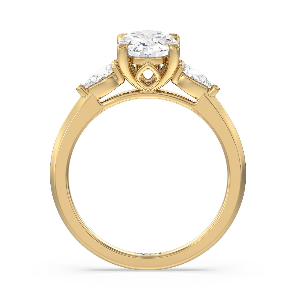Elegant Three Stone Knife Edge Engagement Ring with Oval Cut Diamond in 14KT Yellow Gold view 2
