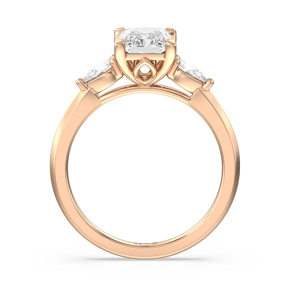 Elegant Three Stone Knife Edge Engagement Ring with Radiant Cut Diamond in 14KT Rose Gold view 2
