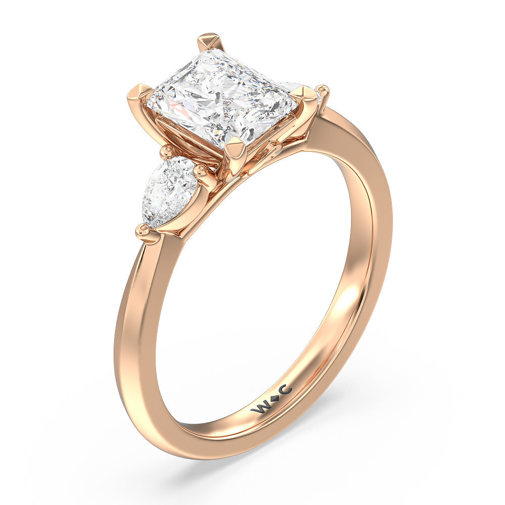 Elegant Three Stone Knife Edge Engagement Ring with Radiant Cut Diamond in 14KT Rose Gold view 3
