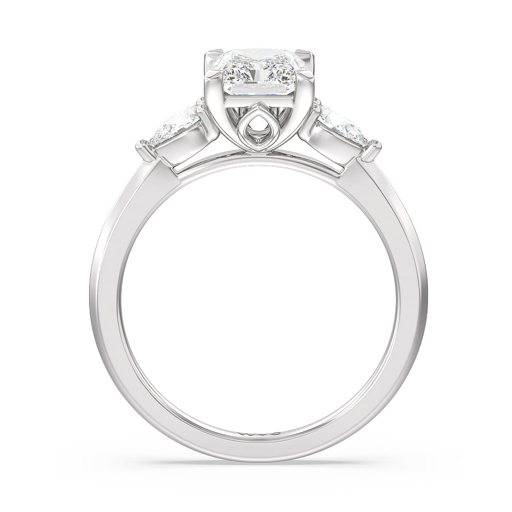 Elegant Three Stone Knife Edge Engagement Ring with Radiant Cut Diamond in 14KT Platinum view 2

