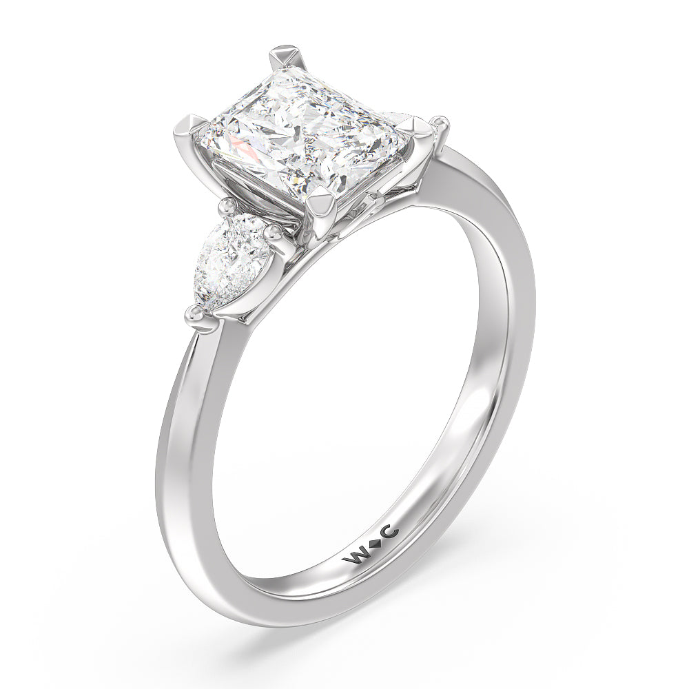 Elegant Three Stone Knife Edge Engagement Ring with Radiant Cut Diamond in 14KT Platinum view 3
