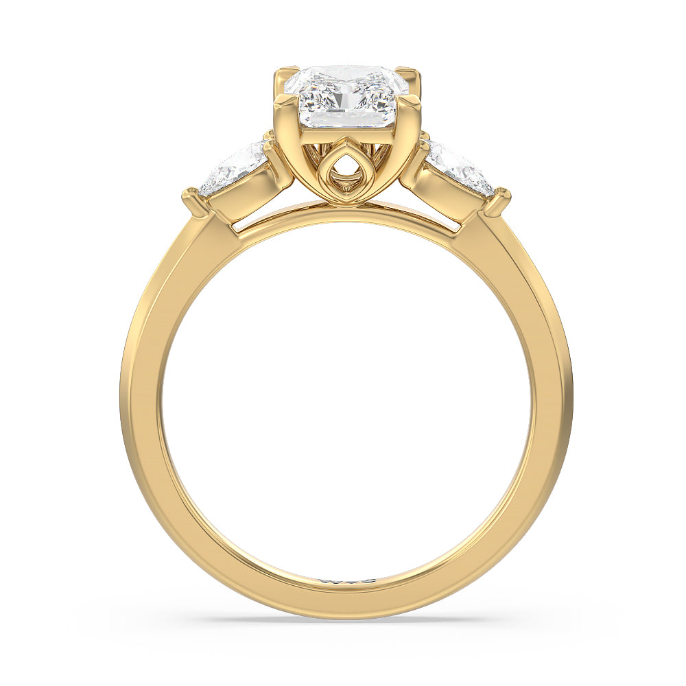 Elegant Three Stone Knife Edge Engagement Ring with Radiant Cut Diamond in 14KT Yellow Gold view 2
