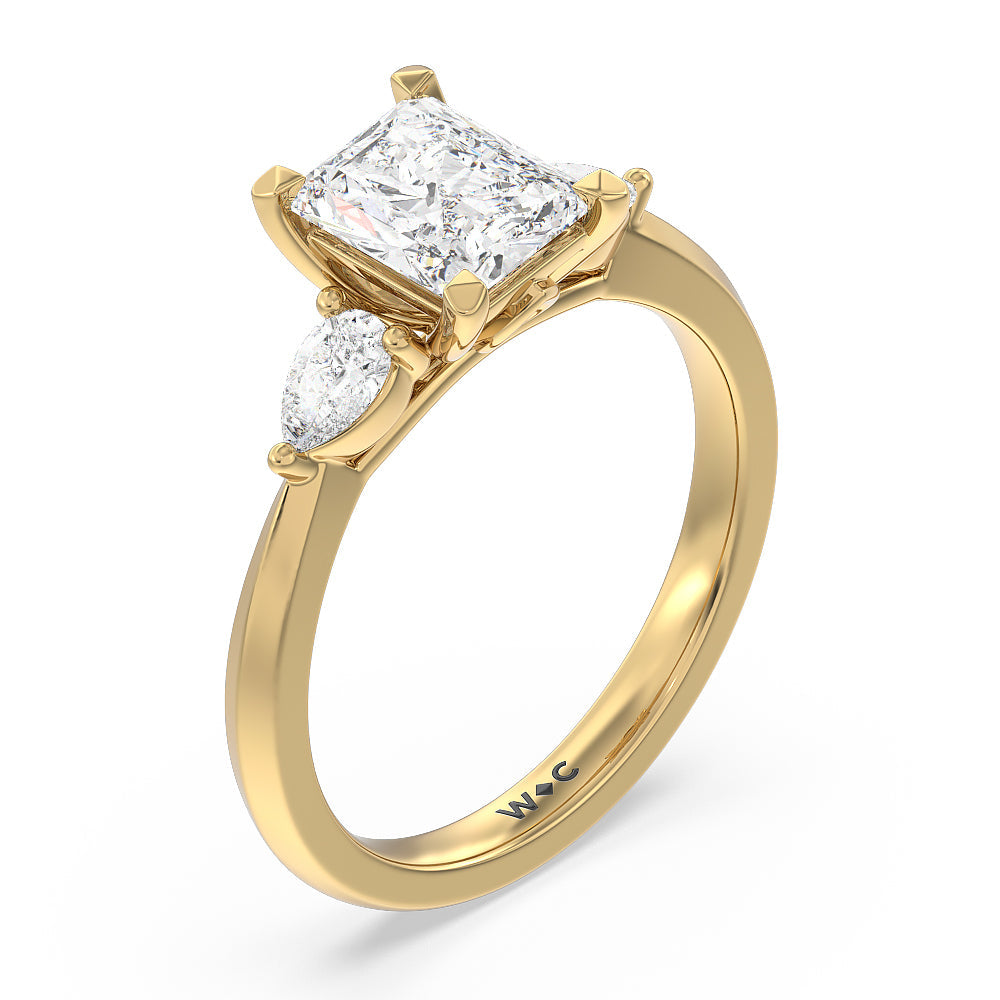 Elegant Three Stone Knife Edge Engagement Ring with Radiant Cut Diamond in 14KT Yellow Gold view 3
