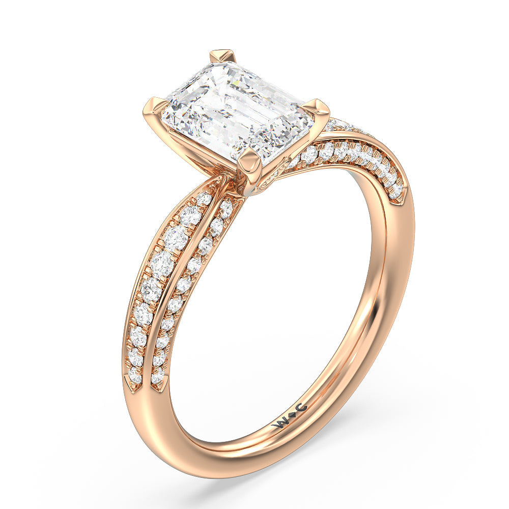 Emerald Cut Aura Hidden Accent Pinched Shank Engagement Ring with Lab Grown Diamond in 14KT Rose Gold view 3
