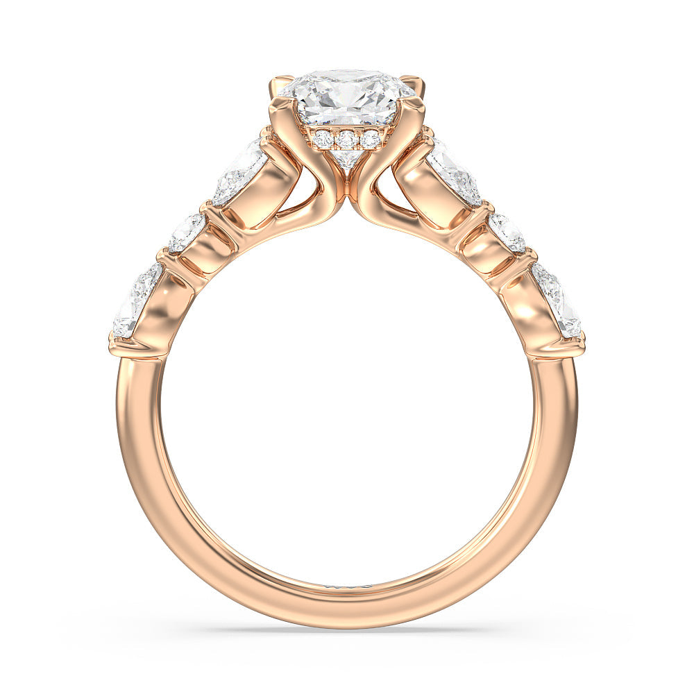 Cushion Cut Glamorous Fancy Side Stone Hidden Halo Engagement Ring with Lab Grown Diamond in 14KT Rose Gold view 2
