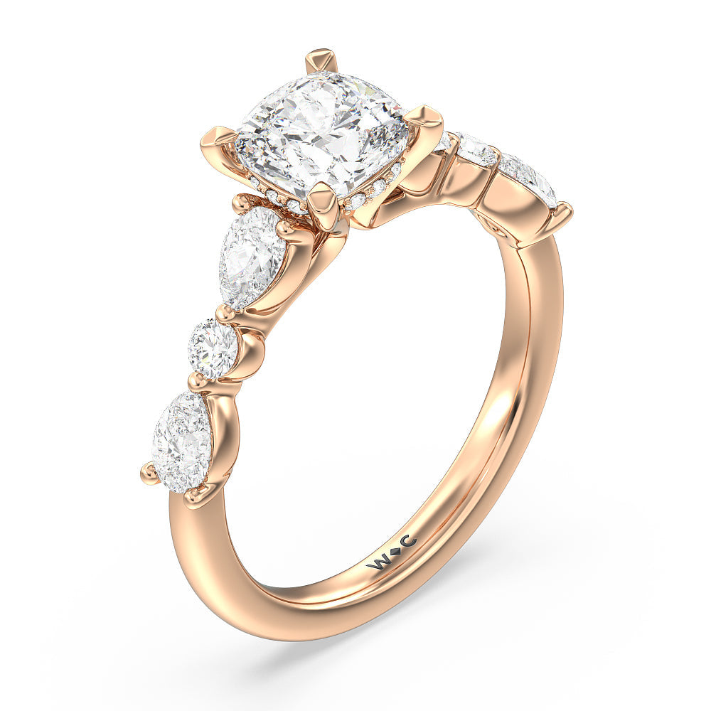 Cushion Cut Glamorous Fancy Side Stone Hidden Halo Engagement Ring with Lab Grown Diamond in 14KT Rose Gold view 3
