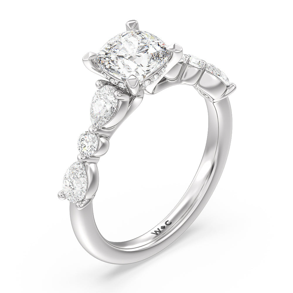 Cushion Cut Glamorous Fancy Side Stone Hidden Halo Engagement Ring with Lab Grown Diamond in 14KT Platinum view 3
