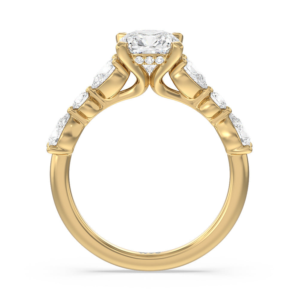Cushion Cut Glamorous Fancy Side Stone Hidden Halo Engagement Ring with Lab Grown Diamond in 14KT Yellow Gold view 2
