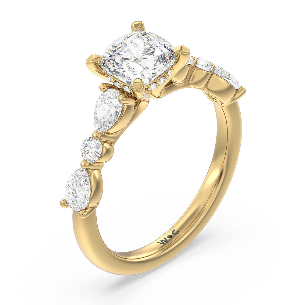 Cushion Cut Glamorous Fancy Side Stone Hidden Halo Engagement Ring with Lab Grown Diamond in 14KT Yellow Gold view 3
