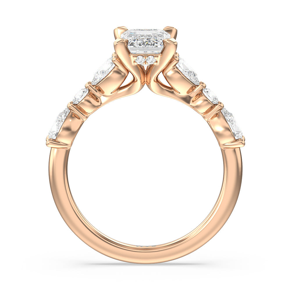 Emerald Cut Glamorous Fancy Side Stone Hidden Halo Engagement Ring with Lab Grown Diamond in 14KT Rose Gold view 2

