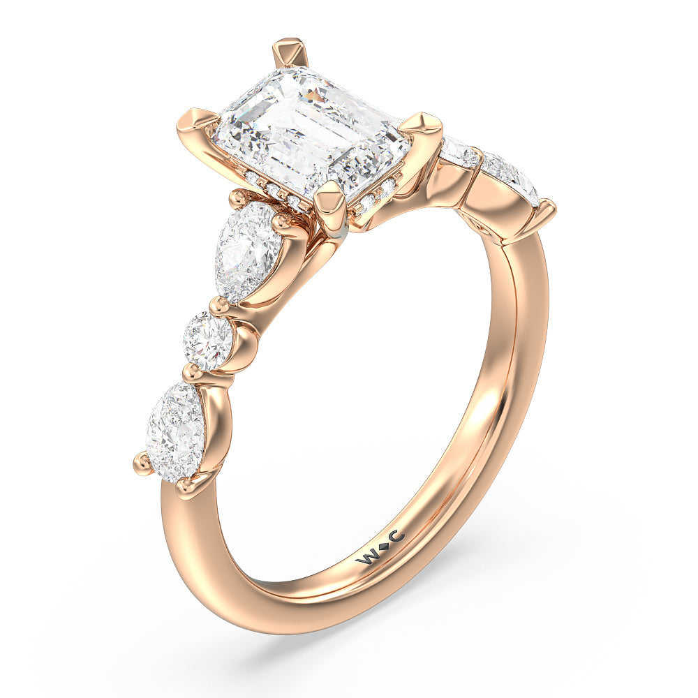 Emerald Cut Glamorous Fancy Side Stone Hidden Halo Engagement Ring with Lab Grown Diamond in 14KT Rose Gold view 3
