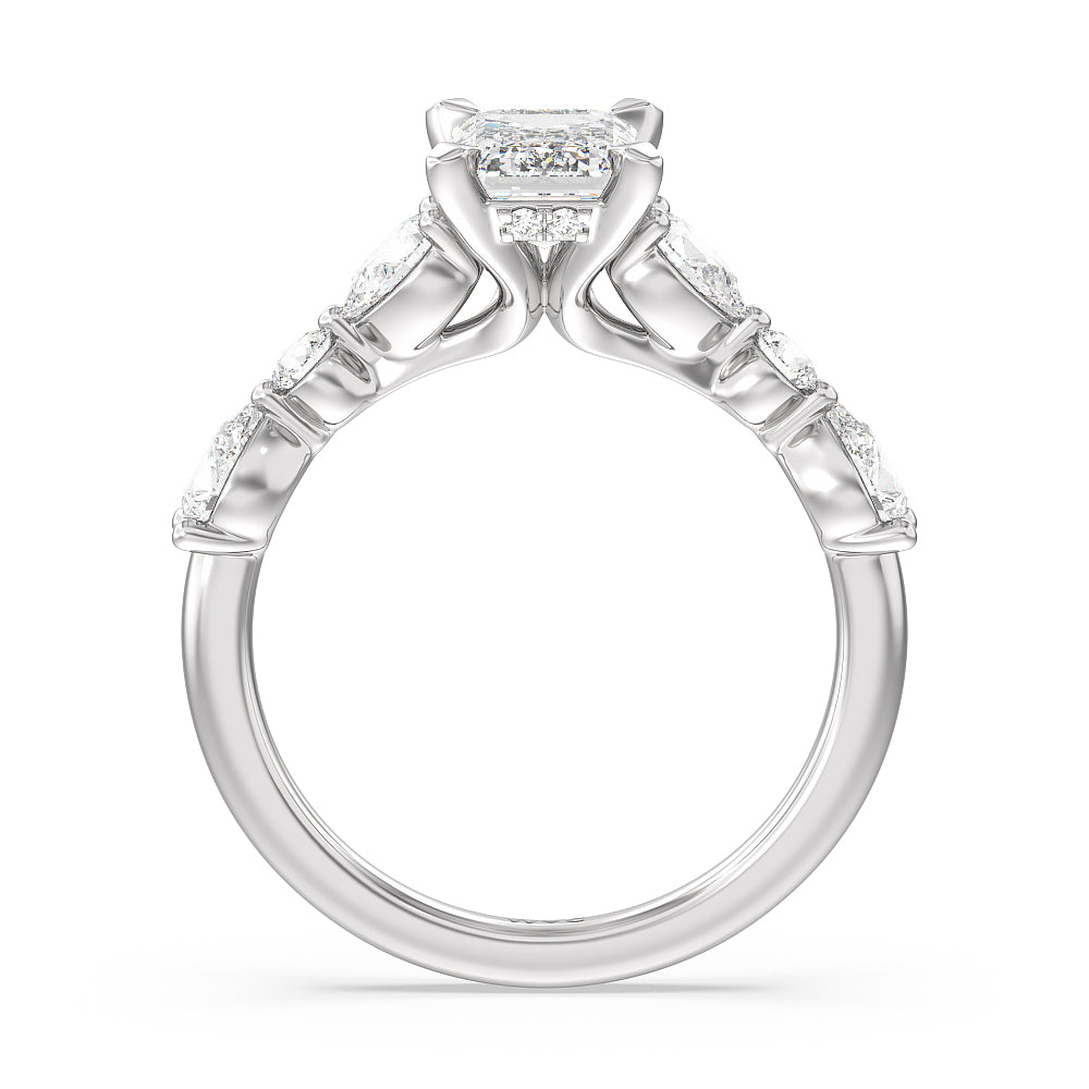 Emerald Cut Glamorous Fancy Side Stone Hidden Halo Engagement Ring with Lab Grown Diamond in 14KT Platinum view 2
