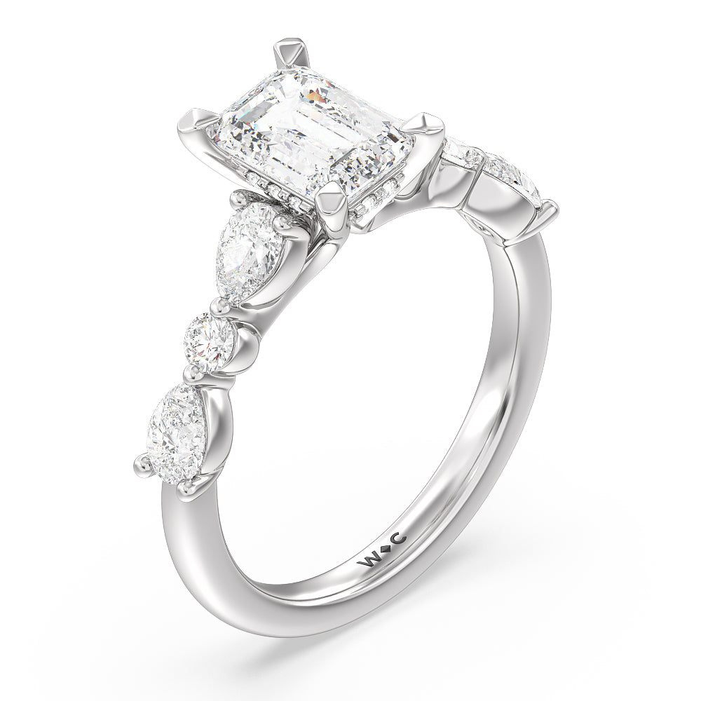 Emerald Cut Glamorous Fancy Side Stone Hidden Halo Engagement Ring with Lab Grown Diamond in 14KT Platinum view 3
