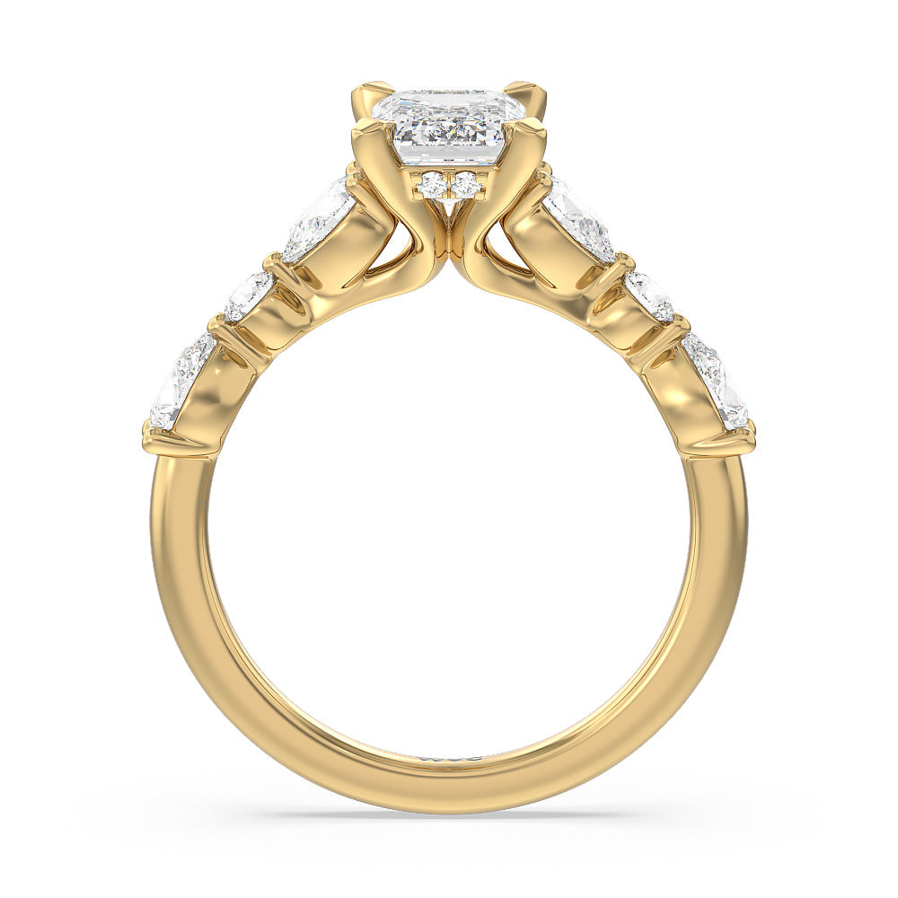 Emerald Cut Glamorous Fancy Side Stone Hidden Halo Engagement Ring with Lab Grown Diamond in 14KT Yellow Gold view 2
