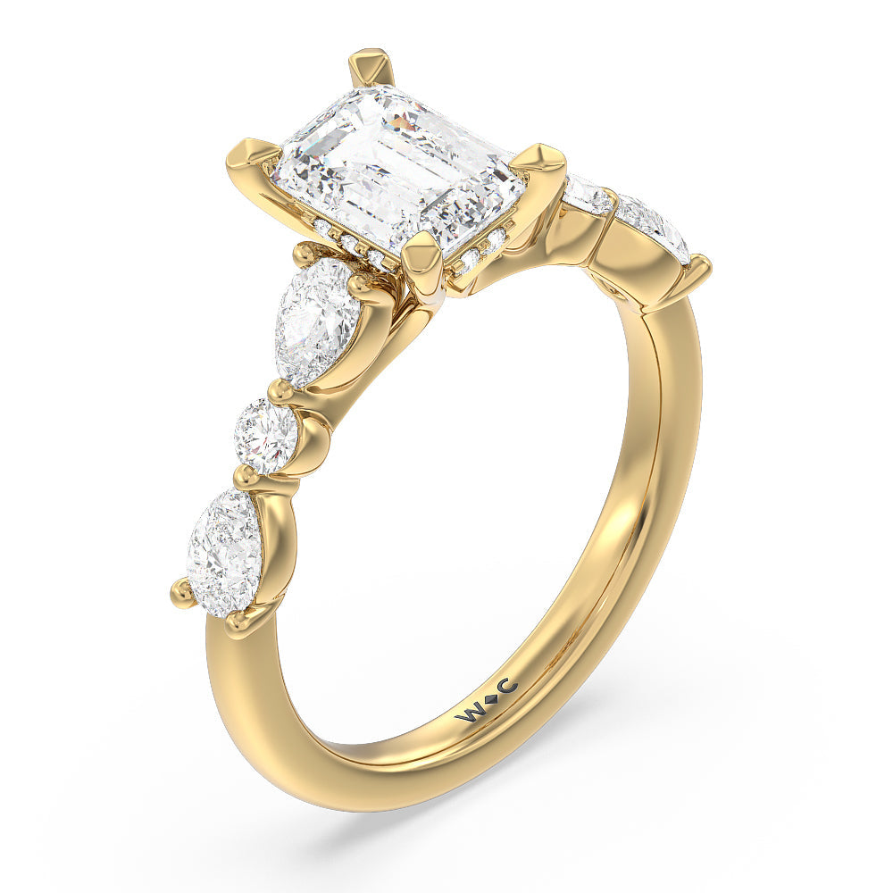Emerald Cut Glamorous Fancy Side Stone Hidden Halo Engagement Ring with Lab Grown Diamond in 14KT Yellow Gold view 3
