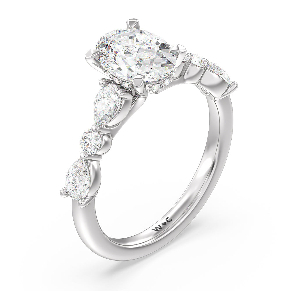 Oval Cut Glamorous Fancy Side Stone Hidden Halo Engagement Ring with Lab Grown Diamond in 14KT Platinum view 3
