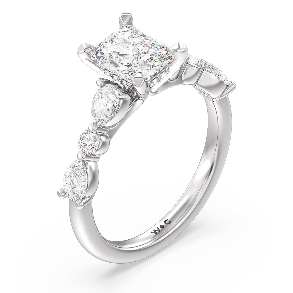 Radiant Cut Glamorous Fancy Side Stone Hidden Halo Engagement Ring with Lab Grown Diamond in 14KT Platinum view 3
