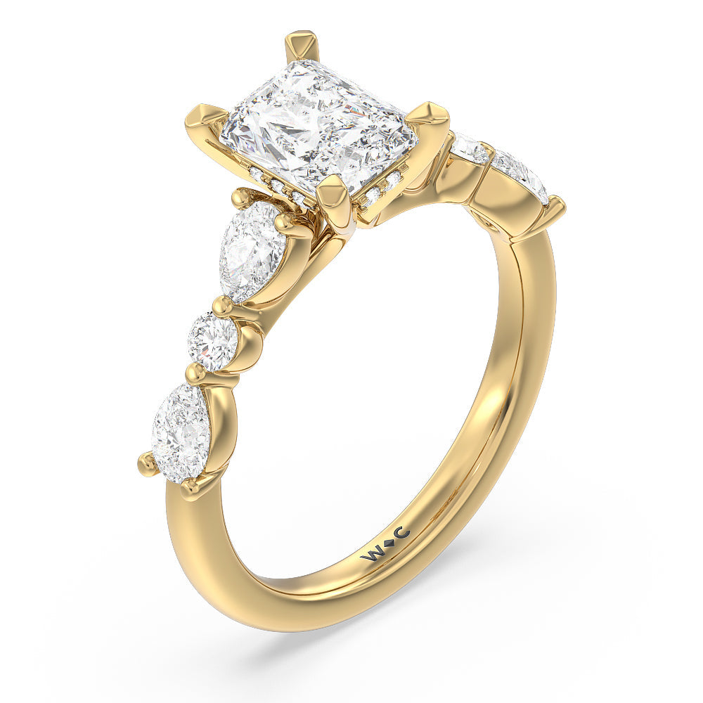 Radiant Cut Glamorous Fancy Side Stone Hidden Halo Engagement Ring with Lab Grown Diamond in 14KT Yellow Gold view 3
