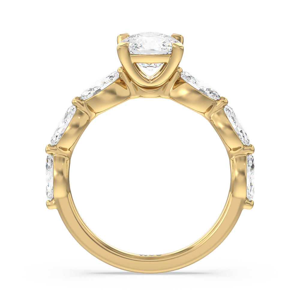 Cushion Cut Glamorous Marquise Side Stone Engagement Ring with Lab Grown Diamond in 14KT Yellow Gold view 2
