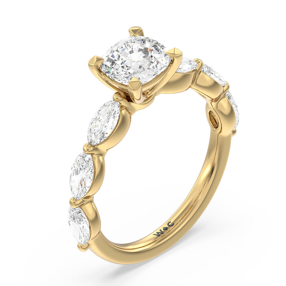 Cushion Cut Glamorous Marquise Side Stone Engagement Ring with Lab Grown Diamond in 14KT Yellow Gold view 3
