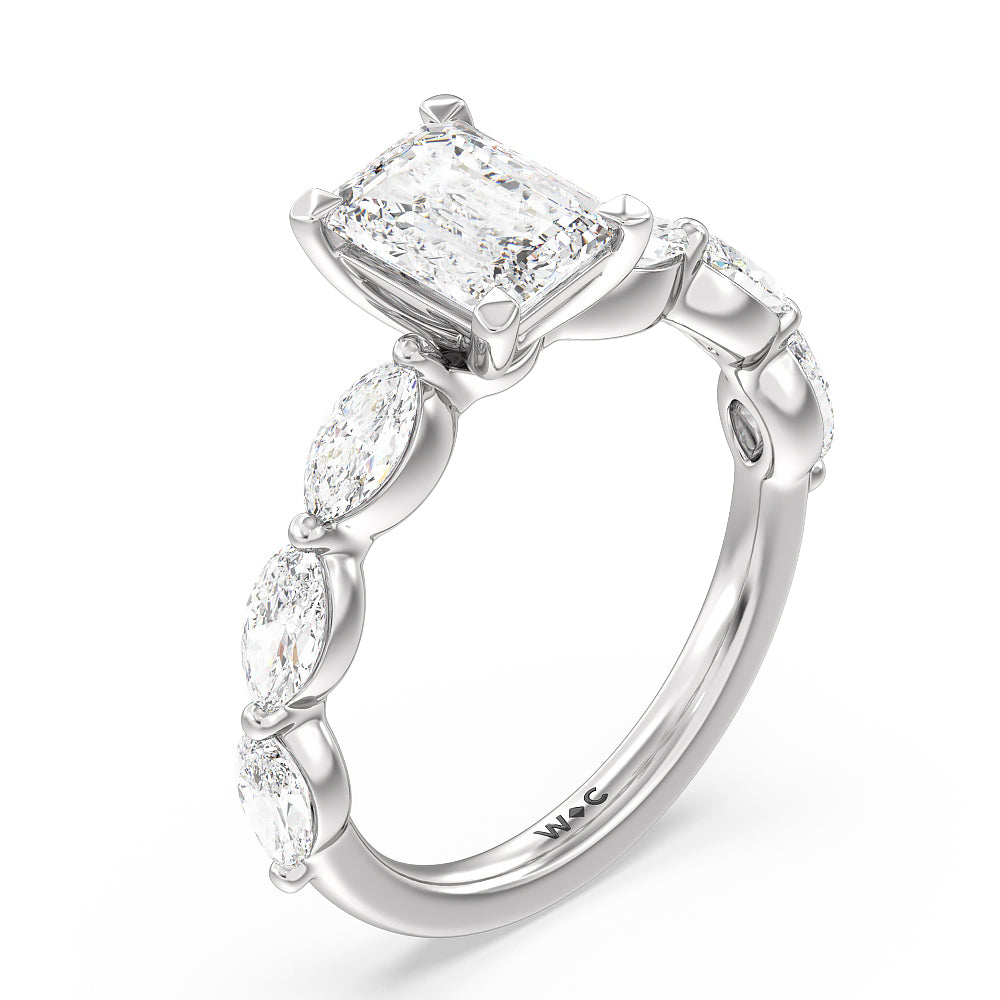 Emerald Cut Glamorous Marquise Side Stone Engagement Ring with Lab Grown Diamond in 14KT Platinum view 3
