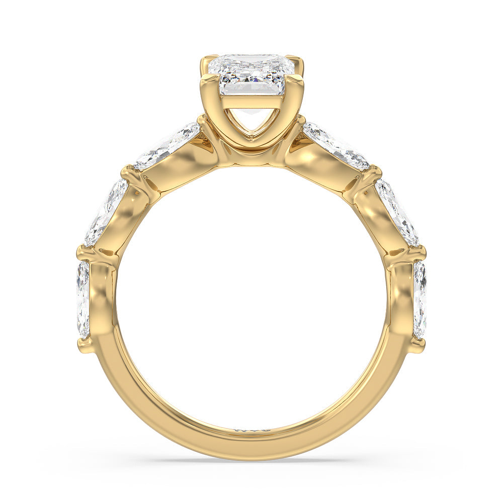 Emerald Cut Glamorous Marquise Side Stone Engagement Ring with Lab Grown Diamond in 14KT Yellow Gold view 2
