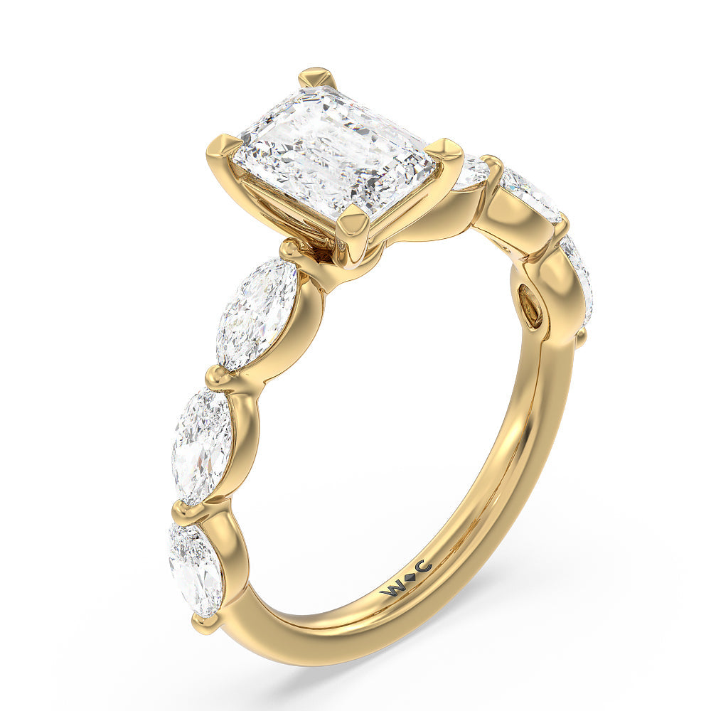 Emerald Cut Glamorous Marquise Side Stone Engagement Ring with Lab Grown Diamond in 14KT Yellow Gold view 3
