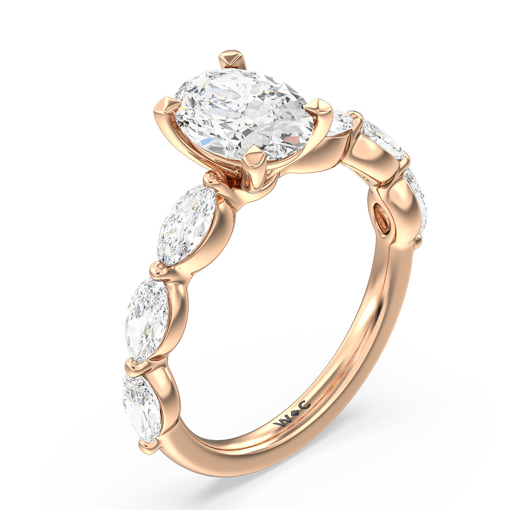 Oval Cut Glamorous Marquise Side Stone Engagement Ring with Lab Grown Diamond in 14KT Rose Gold view 3
