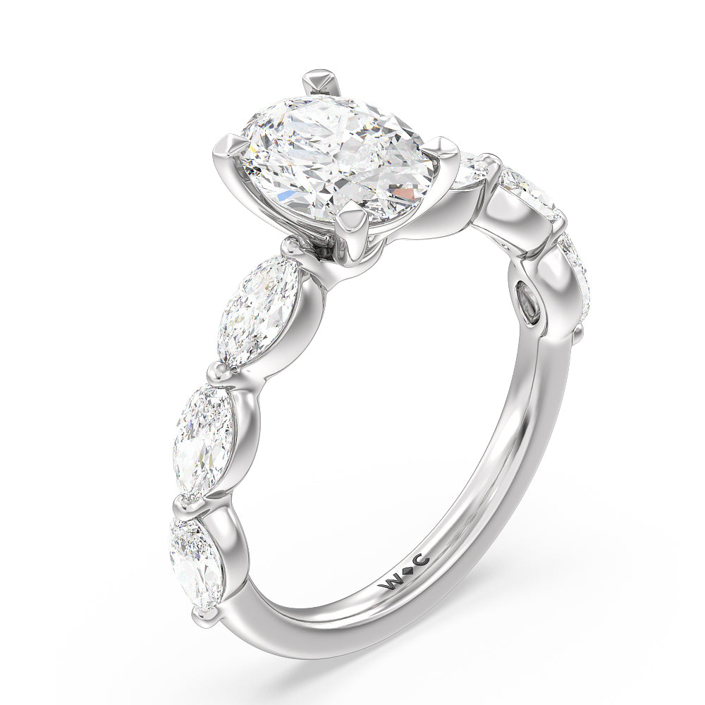 Oval Cut Glamorous Marquise Side Stone Engagement Ring with Lab Grown Diamond in 14KT Platinum view 3

