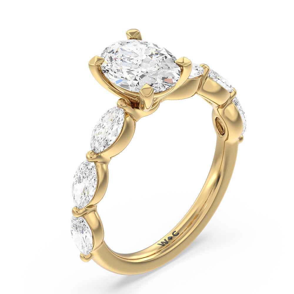 Oval Cut Glamorous Marquise Side Stone Engagement Ring with Lab Grown Diamond in 14KT Yellow Gold view 3
