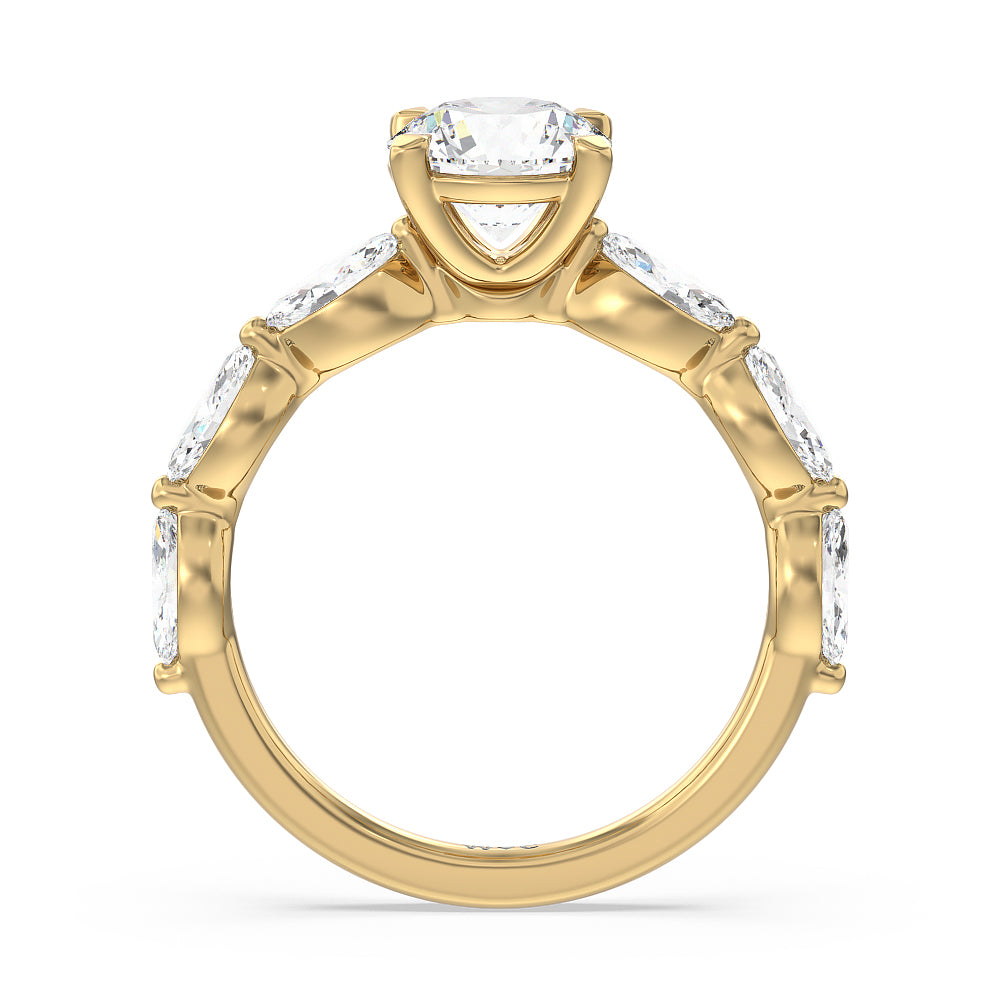 Round Cut Glamorous Marquise Side Stone Engagement Ring with Lab Grown Diamond in 14KT Yellow Gold view 2
