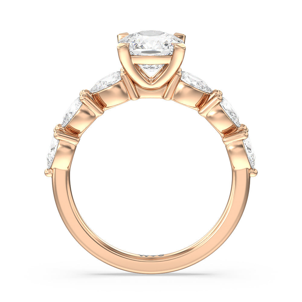 Glamorous Pear Side Stone Engagement Ring with Cushion Cut Diamond in 14KT Rose Gold view 2
