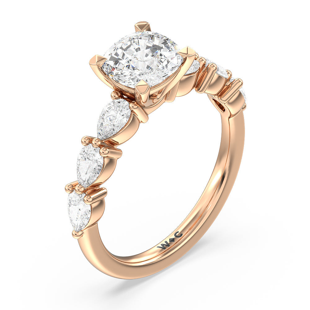 Glamorous Pear Side Stone Engagement Ring with Cushion Cut Diamond in 14KT Rose Gold view 3
