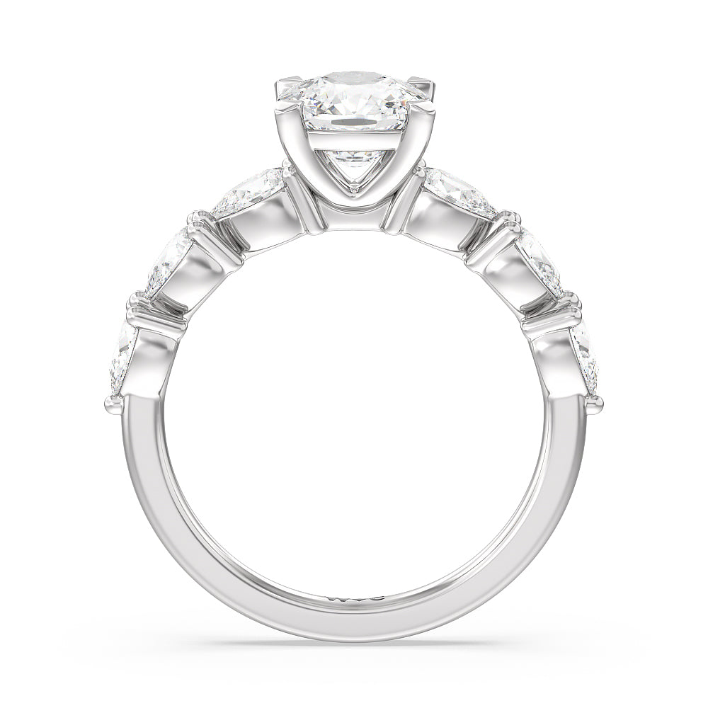 Glamorous Pear Side Stone Engagement Ring with Cushion Cut Diamond in 14KT Platinum view 2
