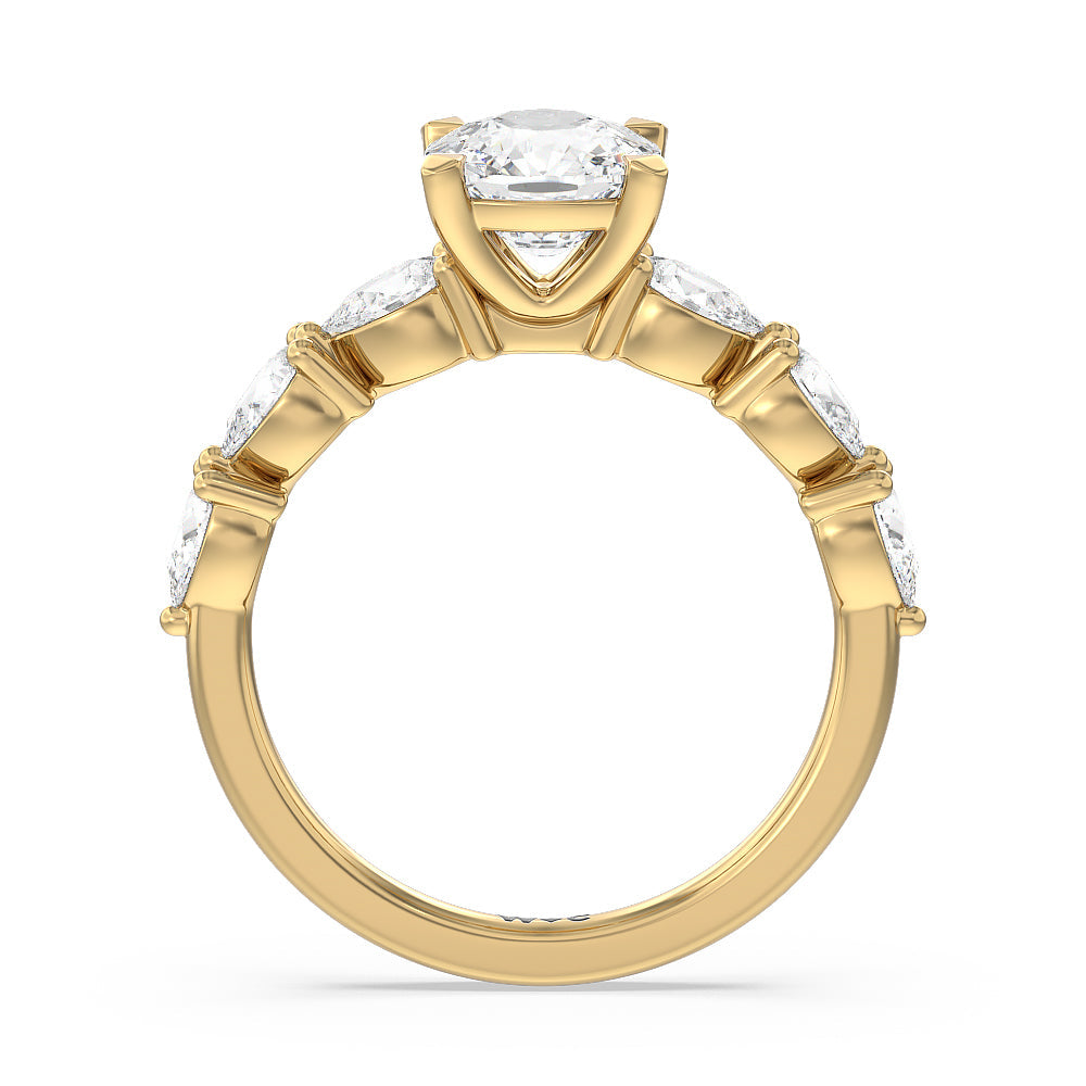 Glamorous Pear Side Stone Engagement Ring with Cushion Cut Diamond in 14KT Yellow Gold view 2
