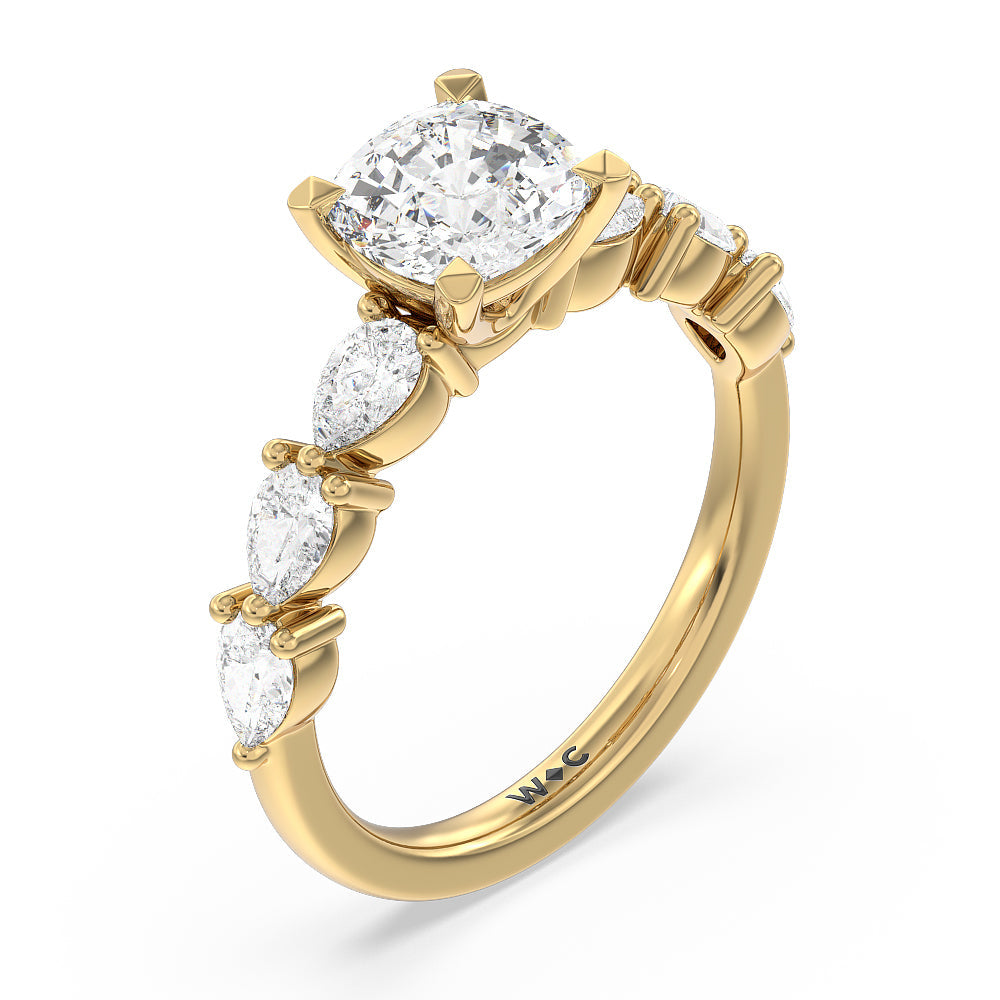 Glamorous Pear Side Stone Engagement Ring with Cushion Cut Diamond in 14KT Yellow Gold view 3
