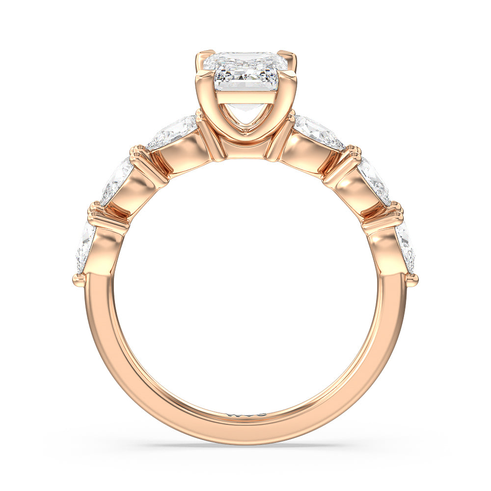 Glamorous Pear Side Stone Engagement Ring with Emerald Cut Diamond in 14KT Rose Gold view 2
